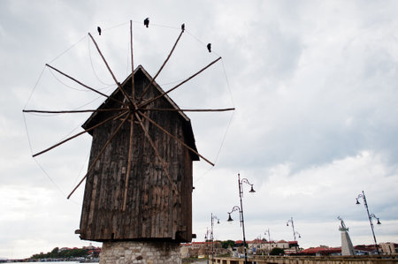Old wooden mill on Nesebar, Bulgaria.の写真素材