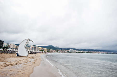 SUNNY BEACH, BULGARIA - June 17, 2021: Resort Sunny Beach Bulgaria view of the beach with sun beds in summer.のeditorial素材