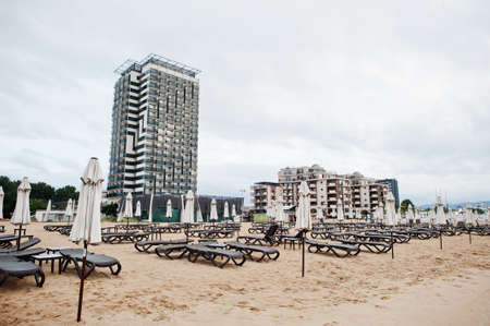 SUNNY BEACH, BULGARIA - June 17, 2021: Hotel Burgas beach. Resort Sunny Beach Bulgaria view of the beach with sun beds in summer.のeditorial素材