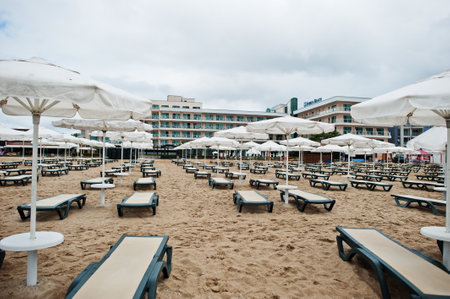 SUNNY BEACH, BULGARIA - June 17, 2021: Evrika hotel. Resort Sunny Beach Bulgaria view of the beach with sun beds in summer.のeditorial素材