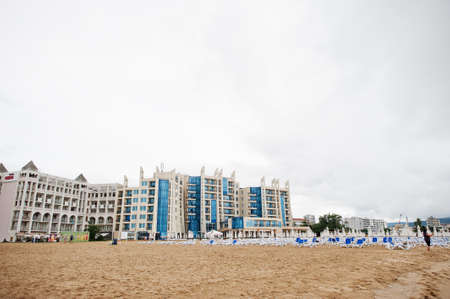 SUNNY BEACH, BULGARIA - June 17, 2021: Resort Sunny Beach Bulgaria view of the beach with sun beds in summer.のeditorial素材