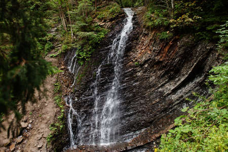 Waterfall Huk or Guk in the Carpathians mountains, Ukraine.の写真素材