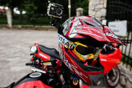 Kyiv, Ukraine - May 14, 2021: Helmet with action camera on bike.のeditorial素材