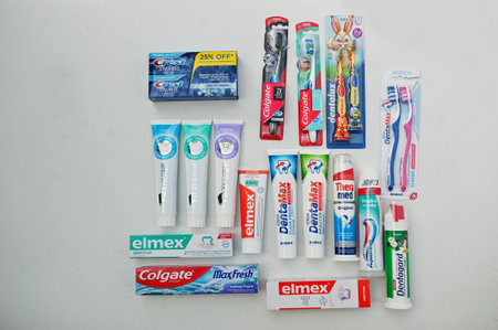 Kyiv, Ukraine - September, 9 2021: toothpastes and brushesのeditorial素材