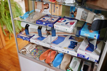 Kyiv, Ukraine - September, 9 2021: knee pads and plasters in an orthopedic store