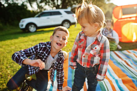 Kids spending time together. Outdoor picnic blanket. Brother and sister love.