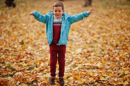 Young boy jumping and having fun at autumn park.の写真素材