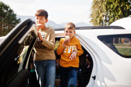 Two brothers eat apples at vehicle interior. Traveling by car in the mountains, atmosphere concept.