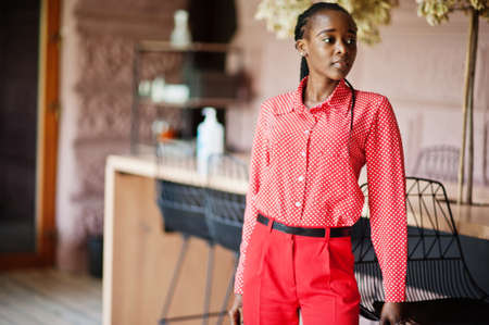 Pretty braids business african american lady bright bossy person friendly wear office red shirt and...