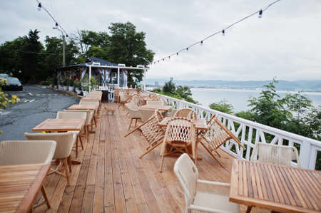 Park area and promenade at town Nesebar, Bulgaria.の写真素材