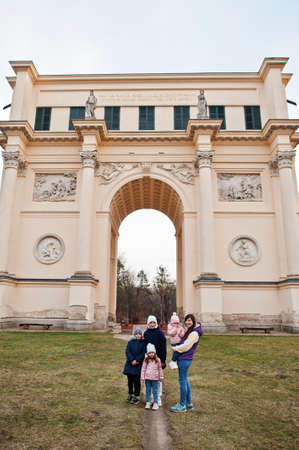 Mother with four kids at Rendez Vous, also called the Diana Temple, Czech Republic.
