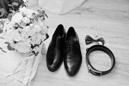 Close up of groom accessories. Wedding details. Man's style.の写真素材