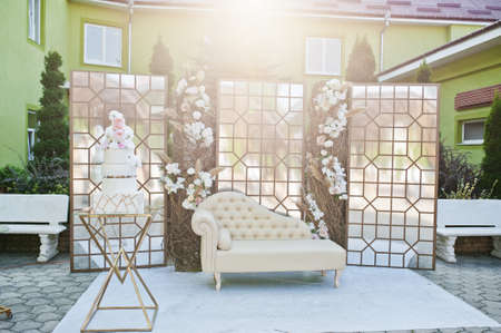 Composition of wedding arch. Modern set up for the wedding ceremony.の写真素材