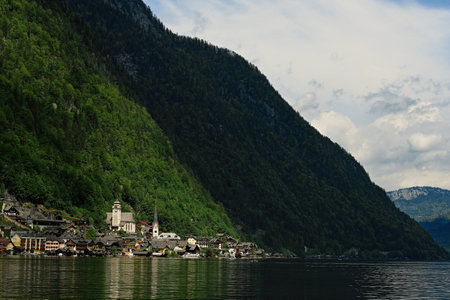 Scenic view of famous Hallstatt mountain village in the Austrian Alps, Salzkammergut region, Austria.の写真素材