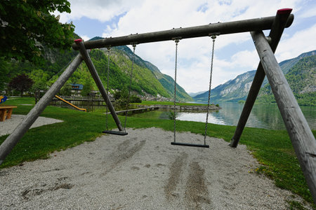 Wooden swing in playground at Hallstatt, Austria.の写真素材
