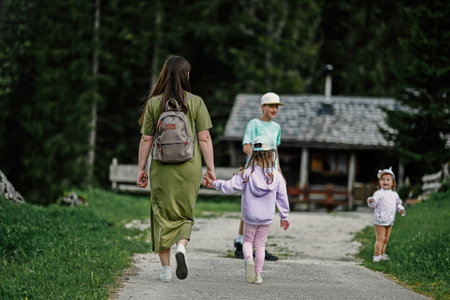 Mother with kids at Vorderer Gosausee, Gosau, Upper Austria.の写真素材