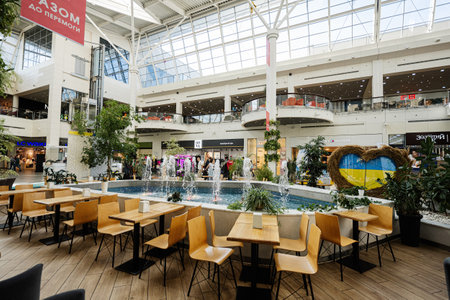 Lviv, Ukraine - October 09, 2022: Fountain in shopping mall Victoria Gardens galeria.のeditorial素材