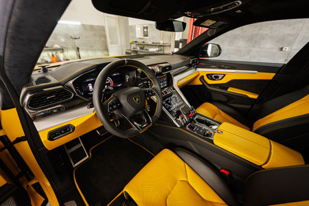 Ternopil, Ukraine- November 11, 2022:  Car interior of yellow Lamborghini Urus.のeditorial素材