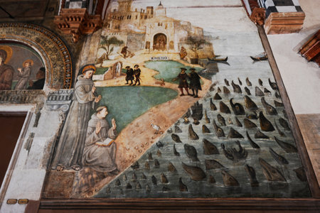 Padua, Italy- July, 05, 2022: Interior of Basilica di Sant Antonio in Padova, Veneto, Italy.  Image of St. Anthony talking to fish.のeditorial素材