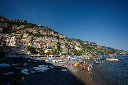Positano, Italy - July 20, 2022: Tourists on Tyrrhenian sea, Amalfi coast, Positano, Italy.のeditorial素材