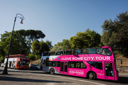 Rome, Italy - July 27, 2022: I love Rome citiy tour bus. Sightseenig everywhere.のeditorial素材