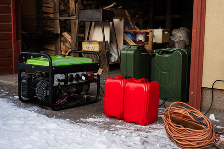 Gasoline portable generator with canisters. Mobile backup standby generator.の写真素材
