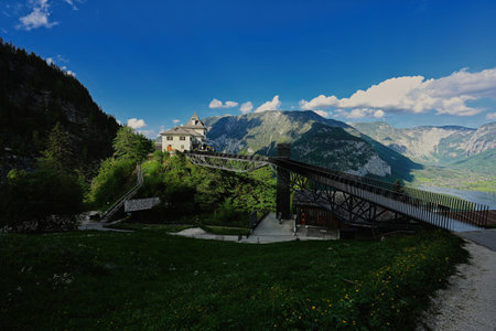 Observation bridge in Hallstatt, Salzkammergut, Austria.の写真素材