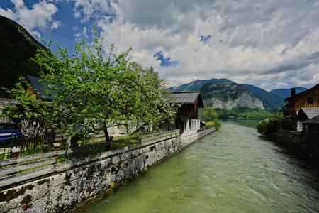Reservoir channel at Hallstatt, Salzkammergut, Austria.の写真素材