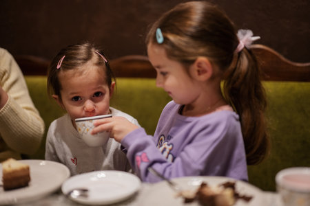 Sisters drink tea together at cozy cafe and having fun.の写真素材