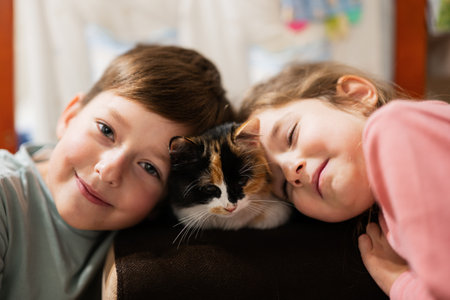 Brother and sister with kitty cat. Children's love for pets.の写真素材