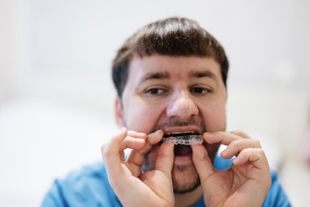 Mobile orthodontic appliance for dental correction. Man wearing orthodontic silicone trainer or...