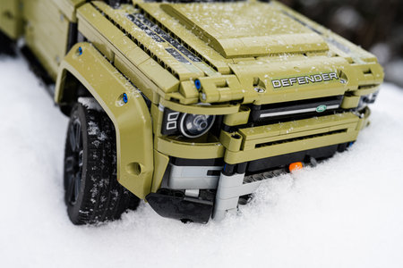 Ternopil, Ukraine- February 06, 2023: Lego Technic Land Rover Defender on snow.のeditorial素材