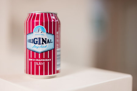 Ternopil, Ukraine - February, 2023: Hartwall Original Long Drink, stylised as oriGINal, is a brand of lonkero produced by the Finnish brewery. Gin and cranberry.のeditorial素材