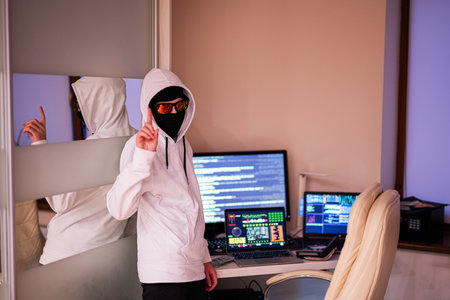 Boy hacker show finger. Internet theft . Man wearing a balaclava behind a laptop.