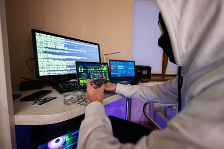 Boy hacker fraudulently use credit card for payment. Internet theft . Man wearing a balaclava and...