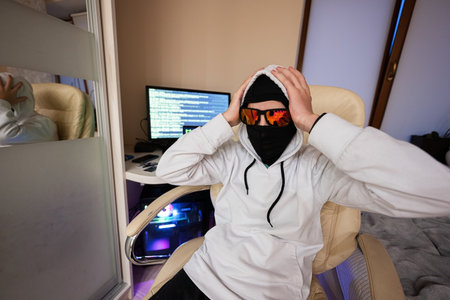 Boy hacker grabbed his head. Internet theft . Man wearing a balaclava sat behind a laptop.の写真素材