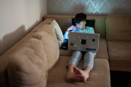 Young teen boy in front of a laptop on a bed at evening.