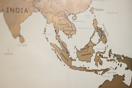 Travel scratch map, view of Indonesia and other Asia transcontinental countries.の写真素材