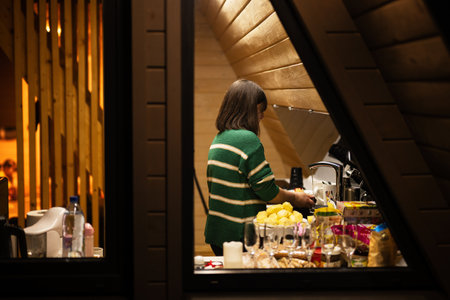 Woman prepares dinner in the kitchen, a view through the window of a country house at night.の写真素材