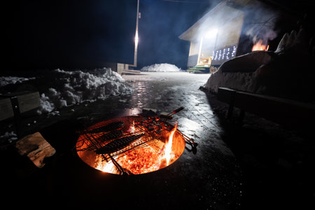 Grilled fresh seafood with fish at night barbecue.の写真素材