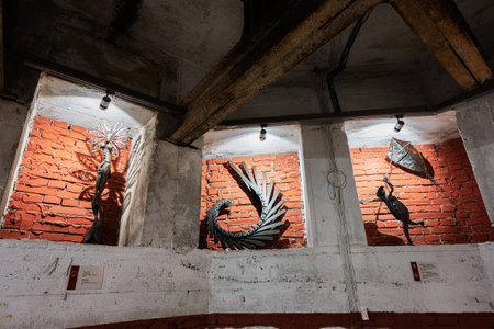 Ivano-Frankivsk, Ukraine - March, 2023: Metal art sculptures inside city hall building.のeditorial素材