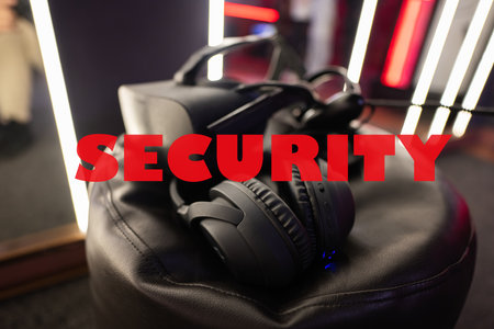 Security concept. Professional headphones with microphone and vr glasses for video games and cyber sports on background.の写真素材
