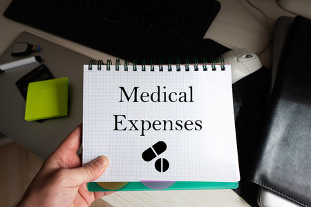 Medical expenses word on notebook holding man against desktop.の写真素材