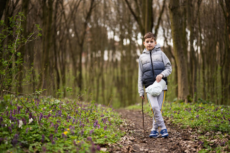 Portrait of boy on forest. Outdoor spring leisure concept.の写真素材