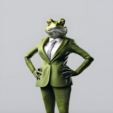 Funny business woman in green suit with frog head on gray background. AI generatedの写真素材
