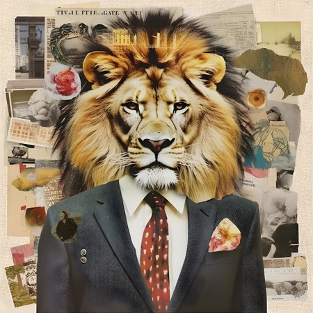 Art collage, man in the form of a lion head suit. Generated AIの写真素材