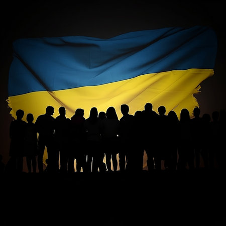 Silhouettes of crowd people with Ukraine flag, generative AI.の写真素材