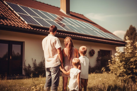 Rear view of family in front of house with solar panels. Generative AI.の素材