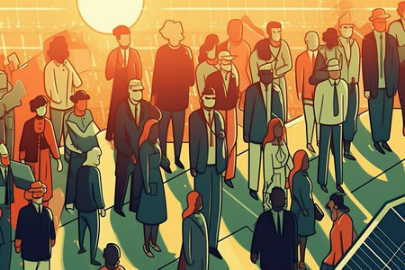 Illustration of crowd peoples and solar panels. Generative AI.の素材