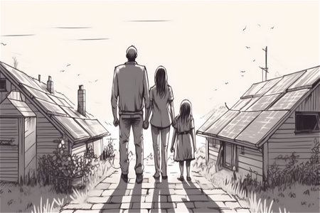 Cartoon illustration of family and solar panels house. Generative AI.の素材